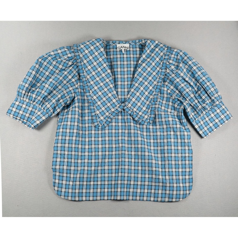 Ganni Seersucker Check Puff Sleeve Pilgrim Collar Blouse Blue Plaid Size 42